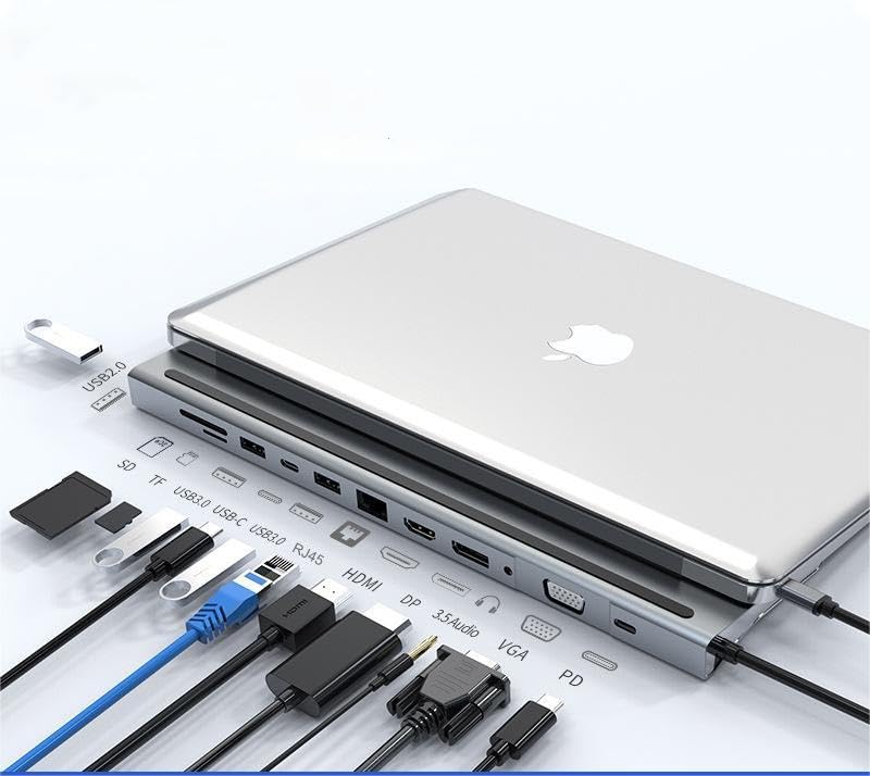 USB C Hub Adapter, 12 in 1 Type-C Laptop Dock, HDMI/VGA/DP/USB*3/Type C/SD/TF/Gigabit Ethernet Port/PD 100W/3.5 Audio, Laptop Docking Station for MacBook/Dell XPS/More Type-C Devices