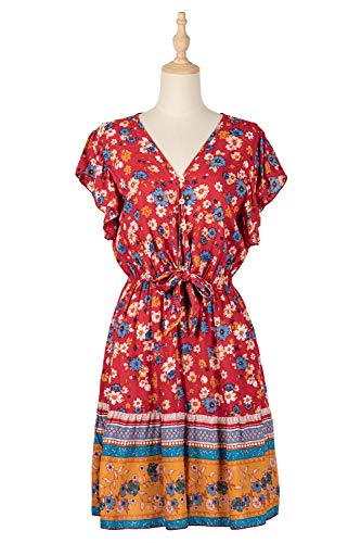 Bestsmile Flores de verão com babado estampado feminino manga curta vestido casual bandagem cintura