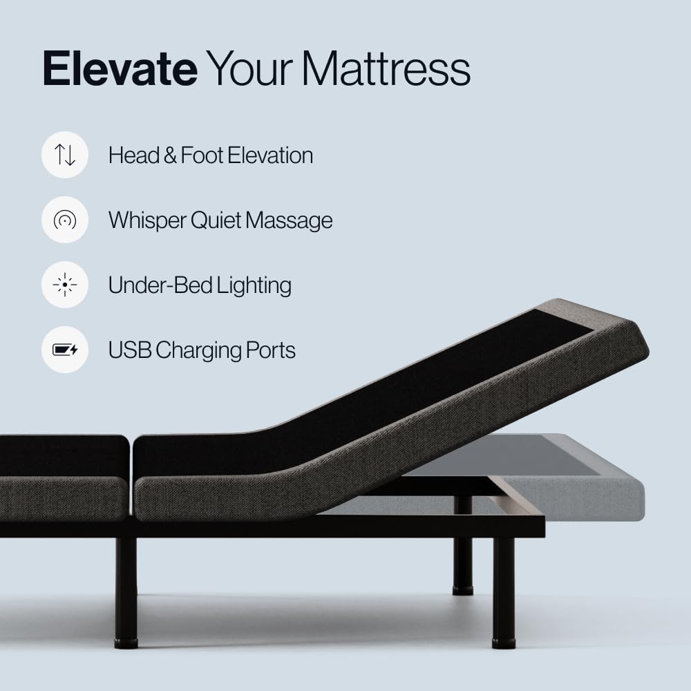 Condition photo showing New/Like New for adjustable comfort upholstered premium adjustable base with upgraded motors, massage, wireless remote, usb port-ergonomic head and foot inclines, (new in box)
