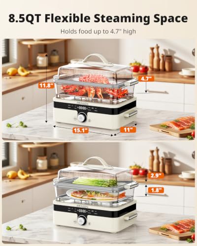 Image of AIRMSEN Glass Food Steamer for Cooking | 8.5QT 2-Tier & External Water Tank