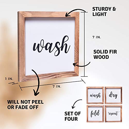 Farmhouse Laundry Room Decor - Modern Rustic Wall Art Home Decoration - Wash, Dry, Fold, Repeat - Cute And Funny Solid Wood Framed Printed Sign - Clear And Easy To Read - Size 7X7 Inches(Set Of 4) #TOP3