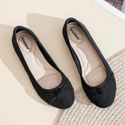Image of Veittes Women's Wide Width Flat Shoes, Fashion Round Toe Comfortable Classy Design Dressy Ballet Flats.(2109004-4,BK /MF,8.5 Wide)