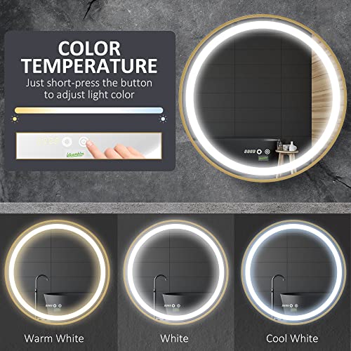 kleankin Round Bathroom LED Mirror, Dimmable Lighted Wall-Mounted Mirror with 3 Temperature Colours, Time Display, Memory Function, Hardwired, Gold - Cosy Home Interiors kleankin Round Bathroom LED Mirror, Dimmable Lighted Wall-Mounted Mirror with 3 Temperature Colours, Time Display, Memory Function, Hardwired, Gold - Image 5