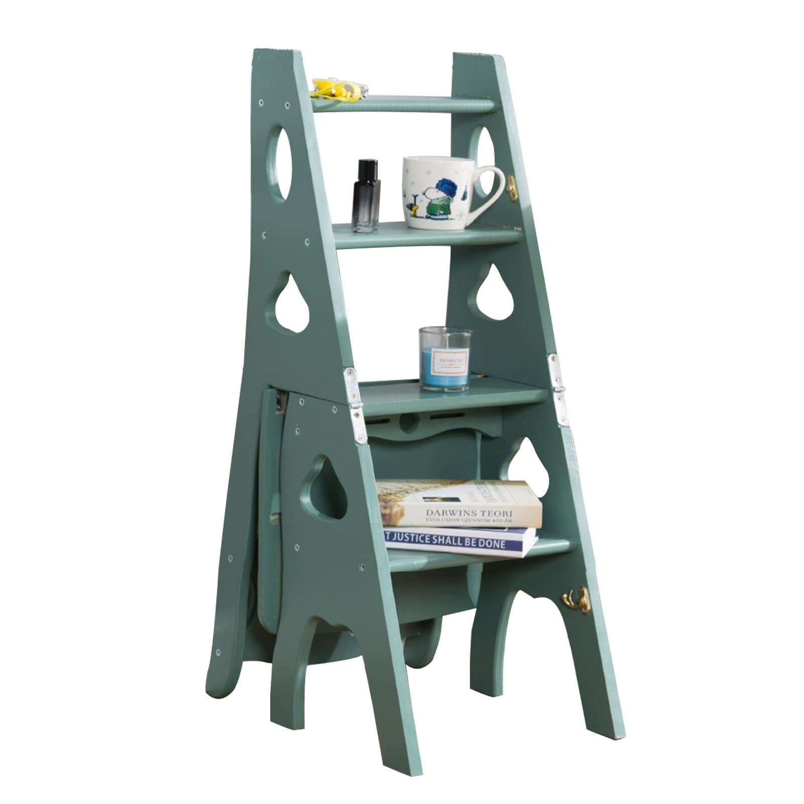 Xotak Green Ladder Chair Wooden Ladder Stool 4 Steps, Folding Stepladder Stairway Chair Multifunction Library Climb Ladder Step Stool Bookshelf For Storage And Display
