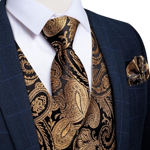 Image of DiBanGu Mens Vest and Tie Set Formal Paisley Waistcoat and Necktie Pocket Square Cufflinks Silk Suit Vest for Tuxedo Wedding