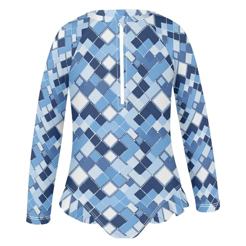 Blue Buffalo Check Plaid Girls Long Sleeve Rashguard Swimsuit UV Protection One-Piece Swimwear B04039572
