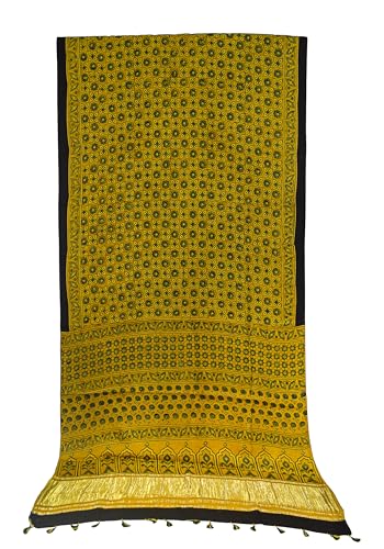 Image of Ethnics of Kutch Womens Ajrakh Modal Silk Natural Dye Golden Border Hand Block Print Saree with Blouse Piece - 5.5 Mtr Length (Yellow 05C01B)