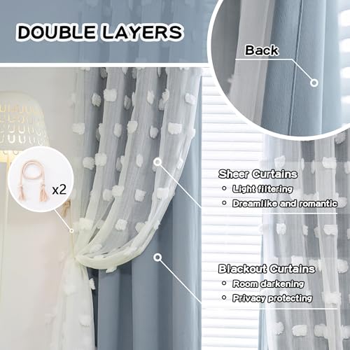 Image of MYSKY HOME Dusty Blue Curtains for Bedroom & Kids Room - 54 Inch Long, Double Layer, White Pom Pom, Sheer, Grommet, Darkening, Small Window, 2 Panels, 52 x 54 in