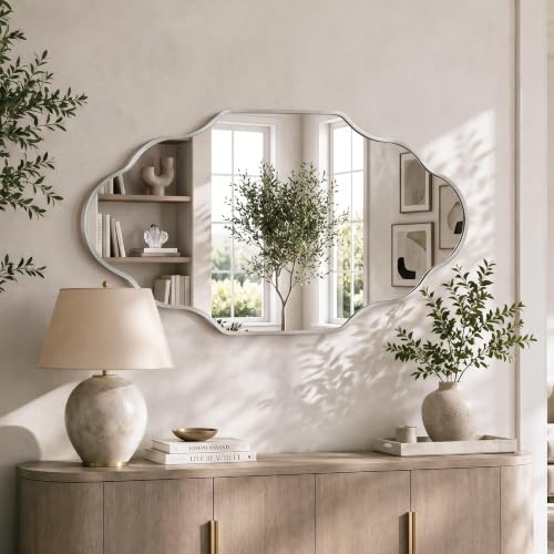 Image of Scalloped Silver Bathroom Mirror, Irregular Wall Decorative Mirror | Brushed Metal Frame, HD Glass Decorative Mirror for Wall Decor, Vanity Mirror for Living Room Entryway (20 inch x 36 inch, 1 Pack)