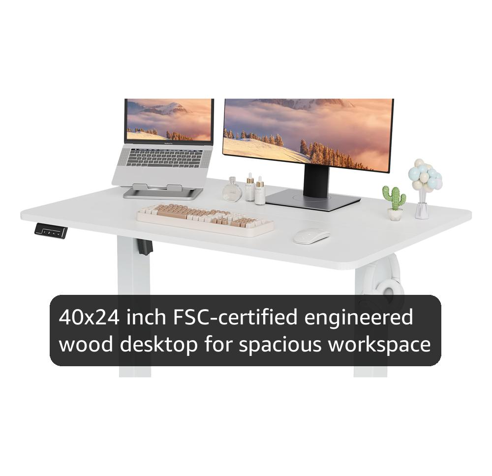 Electric Standing Desk Adjustable Height, 40x24 Inches Sit Stand up Desktop for Home Office, Ergonomic Rising Computer Table with Memory Preset, White