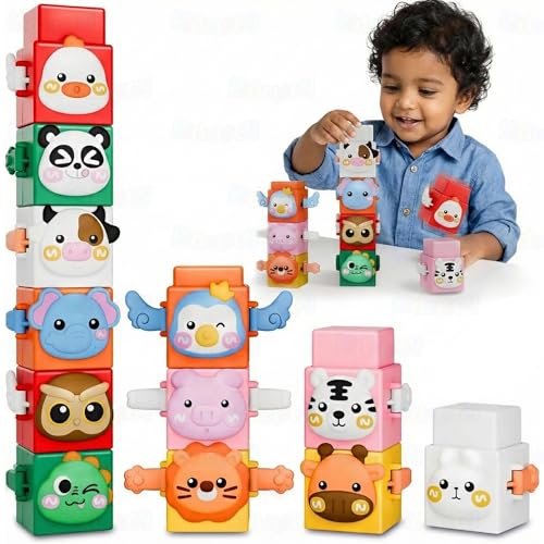 Image of Kidology 12 PCS Animal Stacking Cubes Set, Pressable Montessori Learning Blocks for Toddlers 1+ Years, Travel-Friendly Toy, Gift for 1 & 2 Year Old Boys and Girls