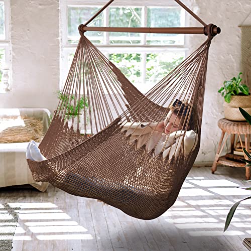 Upgraded Caribbean Hammock Chair with Detachable Metal Bar, Large Hammock Swing Chair, XL Rope Hanging Chair for Outdoor Indoor, 330 LBS Weight Capaci