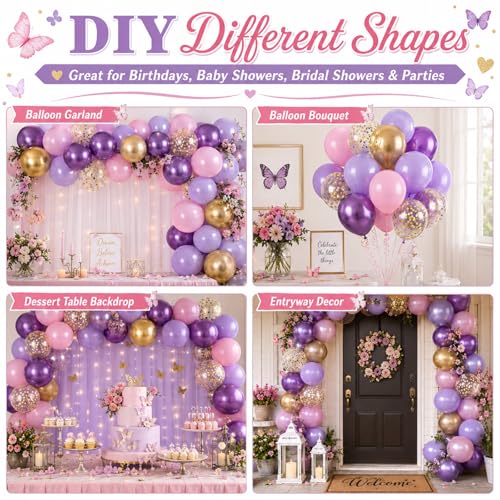 Image of Pink and Purple Balloons, 60PCS Pastel Purple and Pink Balloons, 12 Inch Metallic Gold Confetti Latex Balloon for Women Girls Baby Shower Bridal Shower Birthday Butterfly Party Decor