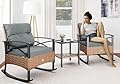 YITAHOME 3-Piece Outdoor Rocking Chair Bistro Set, Patio Wicker Rocking Chair Conversation Set with Glass Coffee Table & Soft Cushions for Balcony, Lawn and Porch Poolside (Light Brown+Gray)