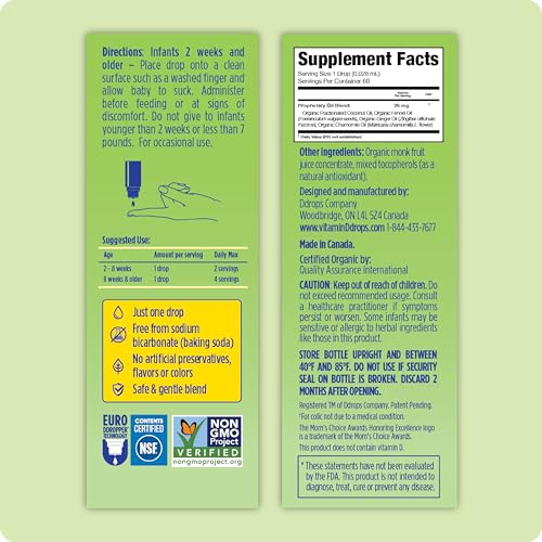 Image of Ddrops Baby Organic Gripe Drops, Natural Tummy Relief Liquid Drops for Newborns, Relief from Gas, Colic and Hiccups, Just One Drop, Herbal Ingredients (60 Drops)