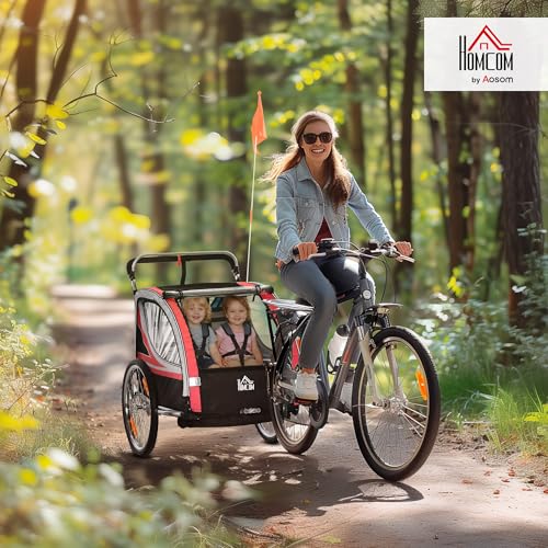 HOMCOM 2 in 1 Kinderanhänger klappbar Fahrradanhänger mit abnehmbarem Vorderrad, Hinterradbremsen, Kinderfahrradanhänger für 2 Kinder ab 18 Monate, bis 26,4 kg belastbar, Rot