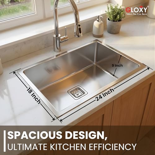 Image of Gloxy 304 Grade Stainless Steel Premium Kitchen Sink 24x18x9 Inches With Matte Finish - Handmade Kitchen SInk - Heavy Duty Sink with Coupling Pipe and Drain Basket - 3 Years Warranty