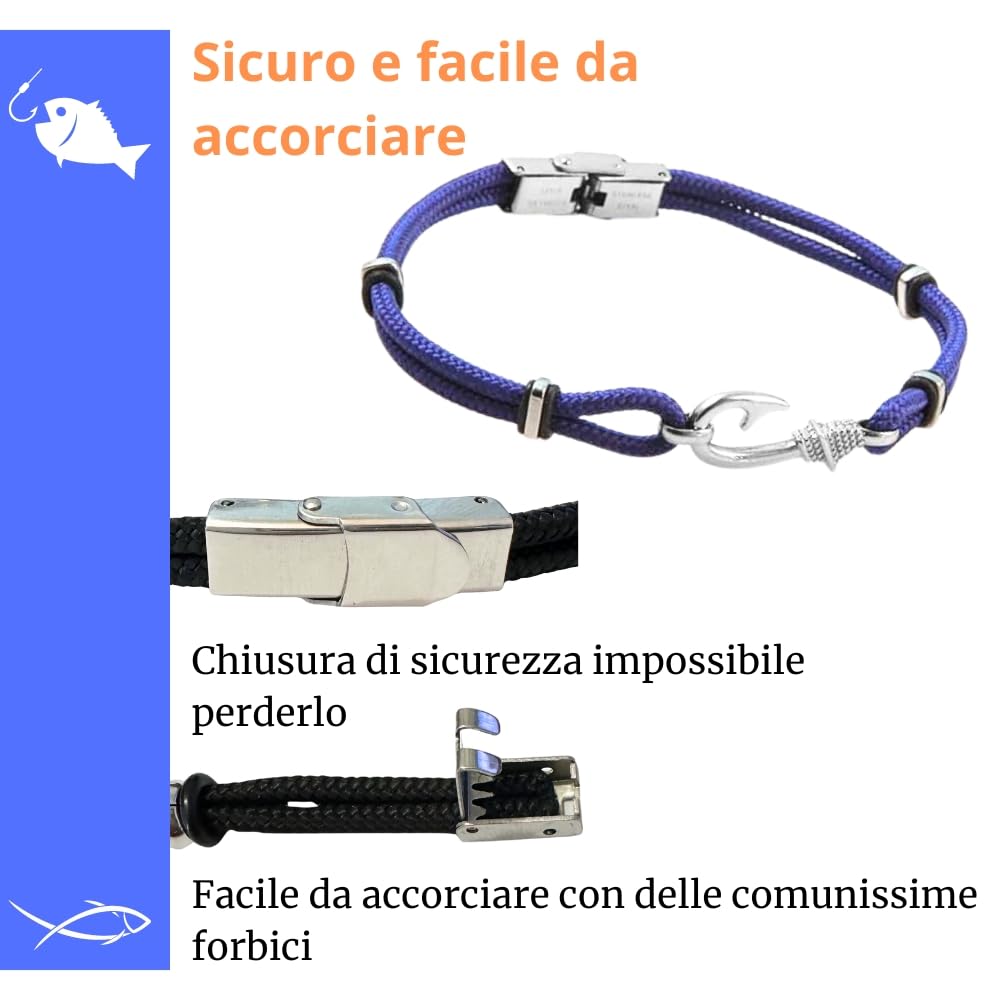 Bracciale Amo da Pesca Pescatore in Acciaio Inox e Corda | Gioiello Nautico Maschile | Braccialetto Sportivo e Resistente | Idea Regalo Uomo Amante del Mare bcc1602b