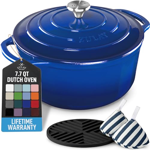 Image of Zulay Kitchen 7.7 Quart Enameled Cast Iron Dutch Oven Pot with Lid - Premium Durability & Oven Safe up to 500F - Heavy Duty Cookware Perfect for Bread Baking, Stews, Braising & Roasting - Blue