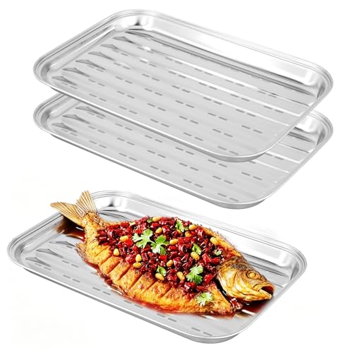 SINJEUN 3 Stück Grillschalen Edelstahl, 34,5 x 24,2 x 2,7cm Gelocht Grillschalen, Grillschale für Gasgrill, BBQ, Outdoor Grillen