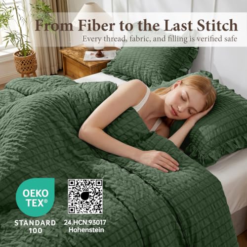 Image of JOLLYVOGUE Olive Green Queen Comforter Set,3pcs Ruffle Seersucker Bed Set | OEKO-TEX Certified, All Season, Down Alternative Fill, Lightweight Bedding Set with Ruffle Comforter & Pillowshams, Easy Care