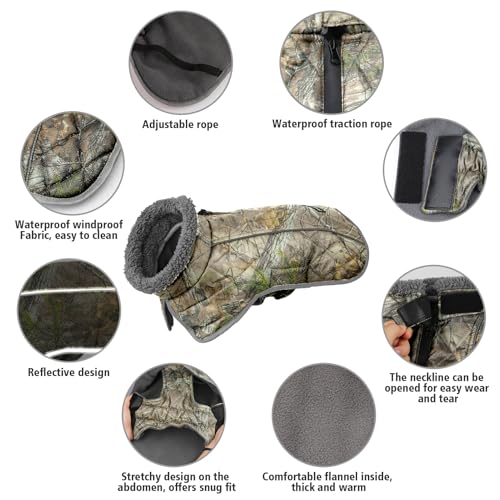 Image of Fragralley Dog Coat Large, Waterproof Dog Jacket with Warm Fleece Lining, Adjustable Reflective Dogs Winter Coat, Turtleneck Pet Coats for Cold Weather (Reed Camouflage XL)