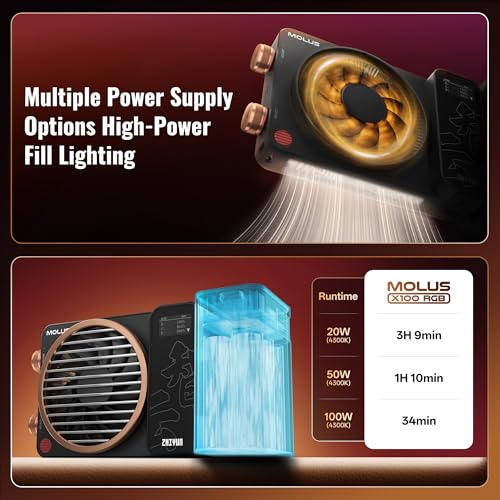 Image of ZHIYUN MOLUS X100 RGB PRO 100W Continuous Output Lighting [Official] V2 Upgraded Version Portable Video Light Handheld Professional Photography Lighting CRI≥95 TLCI≥97 2500K~10000K Only 384g (Black)