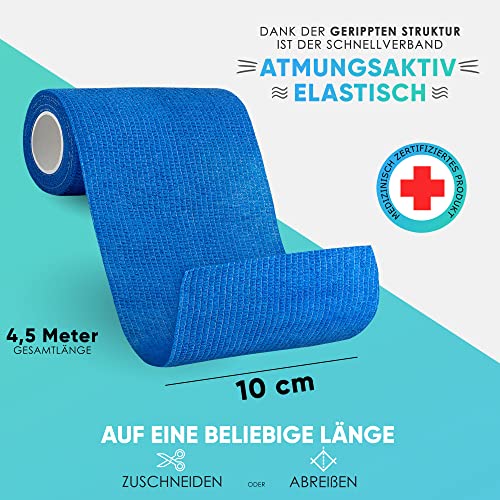 Health Press Selbstklebender Verband – 4 Bandagen Rollen (10cm x 4,5m) – Pflaster Rolle Verbandsmaterial – Elastische Bandage – Haftbandage selbstklebend