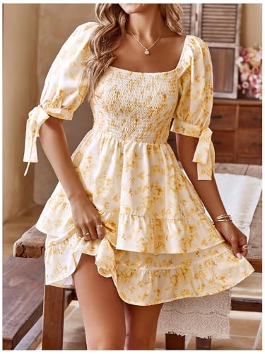 Image of Floerns Women's Floral Print Puff Sleeve Square Neck Tiered Layer Shirred Dresses