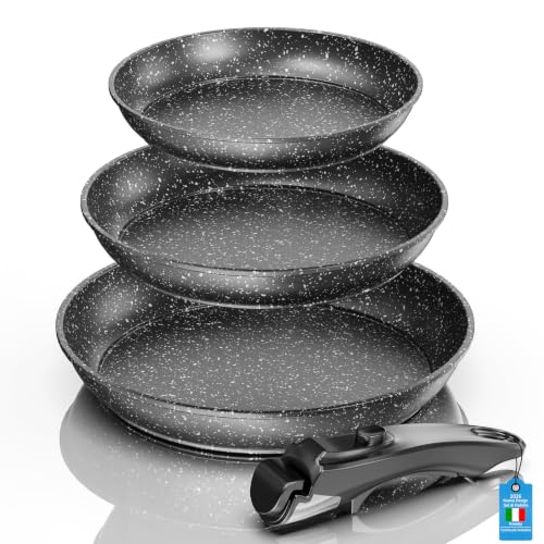 Kiseely Set di 3 Padelle Antiaderenti,un Manico Removibile,Rivestimento Antiaderente,Padella Sana e Atossica,Induzione e Gas,lavabile in lavastoviglie. (ED1)