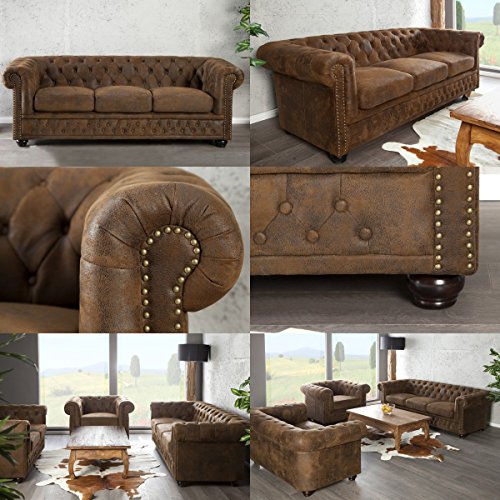 cagü edler Designklassiker 3er Sofa Winchester Braun Kunstleder im klassisch englischen Chesterfield-Stil – Bild 5