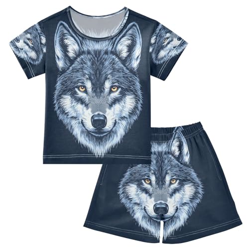 ALAZA Cute Wolf Animal Head Pajamas Set Short Sleeve Cotton Sleepwear Summer Pjs 2 Piece 5-14Y