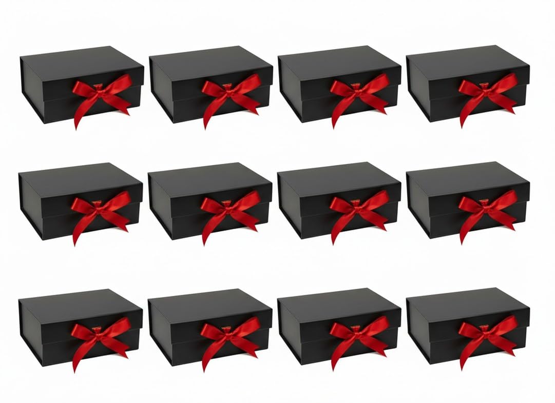 Awestuffs Premium Black Gift Boxes with Red Ribbon, Decorative Gift Packaging Boxes (23 x 16 x 10 cm) for Hampers, Return Gifts, Weddings, Birthdays & Corporate Gifts (Pack of 12)
