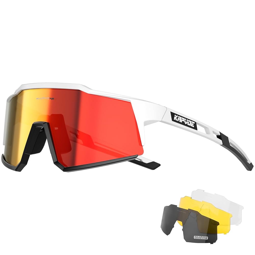 KAPVOE Polarized Cycling Glasses with 4 Interchangeable Lenses TR90 Sports Sunglasses Women Men Running MTB Bike Bicycle Accessories 10 Red White
