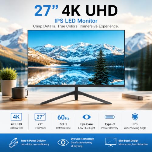 Image of 1stPV 27 inch 4K UHD Security & Gaming LED Monitor, Adaptive Sync, IPS HDR | Type-C 65W PD, HDMI 2.1, DP 1.4, Built-in Speakers, 24 /7 Continuous Operation, 5ms 178, for CCTV DVR NVR Gaming
