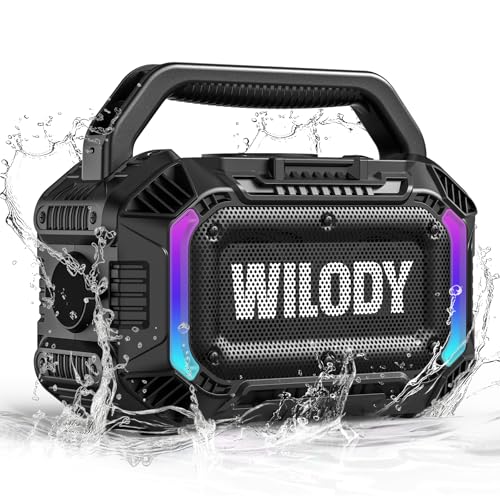 Wilody Bluetooth Lautsprecher Groß,100W Outdoor Tragbarer Lautsprecher with Bass,Musikbox Soundbox Bluetooth IPX7 Wasserdicht & Schwimmt,Drahtloses Laden,20h Akku,LED-Licht,Type-C,BT,Schwarz