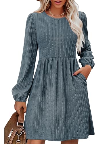 Zeagoo Herbstkleid Damen Langarm A-Linien Kleid Elegant Gestrickt Herbst Winter Kleider Pulloverkleid Knielang Strickkleid Graublau S