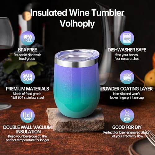 Volhoply 12oz Stainless Steel Wine Tumbler with Lid and Straw,350ml Double Wall Vacuum Insulated Stemless Wine Glasses,Travel Coffee Mug for Cold Drinks,Tumblers Gifts for Women(Purple Green,1 Set) - Image 3