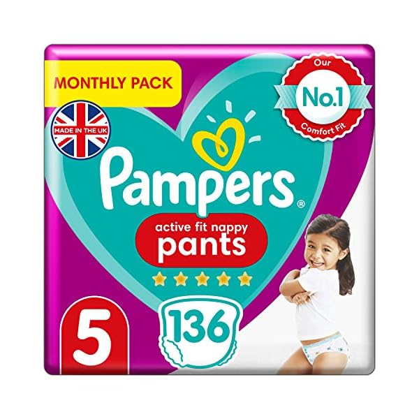 Pampers Baby-Windelhose, Größe 5, 12–17 kg, aktive Passform, 136 Windeln, monatliche Sparpackung, verwöhnt bewährte…