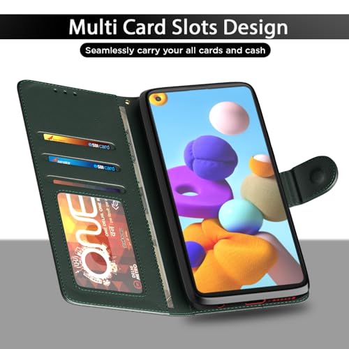 Image of Pikkme Flip Cover for Samsung Galaxy A21s Leather Finish | Inside TPU with Card Pockets | Wallet Stand and Shock Proof | Complete Protection Flip Case (Green)