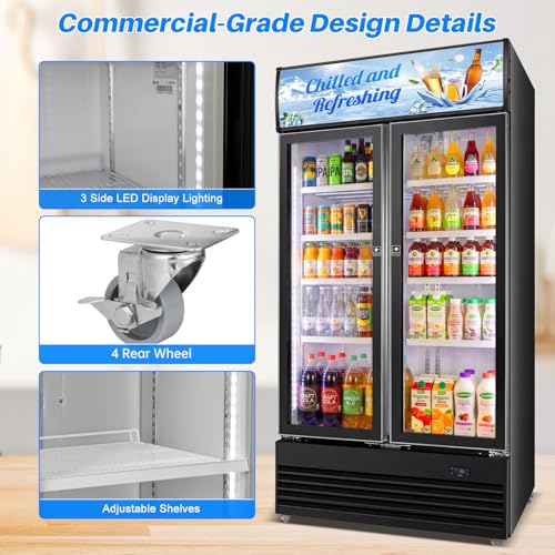 Image of Commercial Display Beverage Fridge, 40″ Double Glass Door Refrigerator, 28.1 Cu.Ft Large Capacity with 8 Adjustable Shelves, Upright Cooler for Shop, Bar & Restaurant