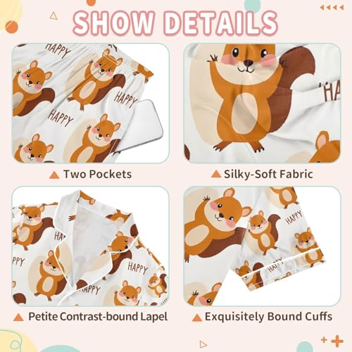 senya Happy Cute Squirrel Satin Summer Pajama Sets Silk Short Sleeve Button Down Sleepwear3