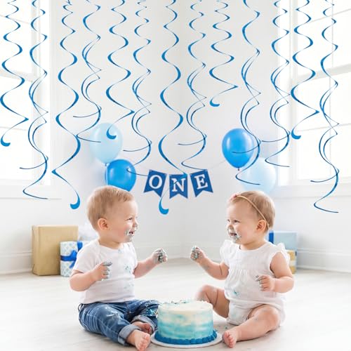 Image of Blue Ceiling Swirl Foil Decorations Hanging Plastic Streamer Themed Swirl Party for Birthday Wedding Baby Shower Sea Nautical Themed Party, Pack of 28