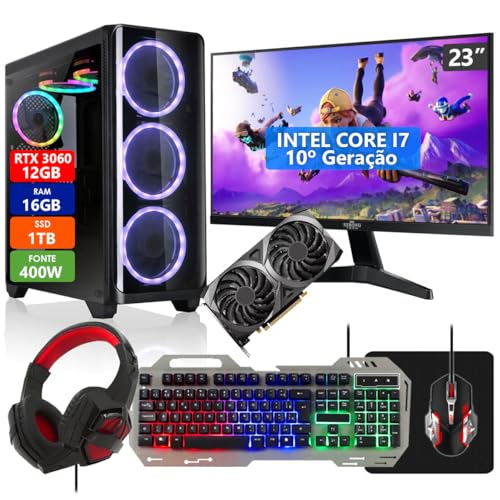 PC Gamer Intel Core i7-10700F 16GB SSD 1TB Placa de Vídeo RTX 3060 12GB DDR6 Com Kit Gamer Completo