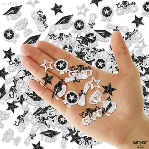 Image of Graduation Decorations 2026, Glitter Silver and Black Graduation Confetti - Pack of 300 | Graduation Hat, Star Confetti | Congrats Grad Confetti for 2026 Graduation Table Decorations, KatchOn