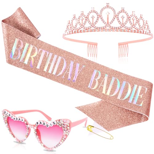 Hapdoo Happy Birthday Decorations Set - Rose Gold Birthday Sash & Sunglasses & Crown for Women, Funny Party Sunpplies for Adults, Style B