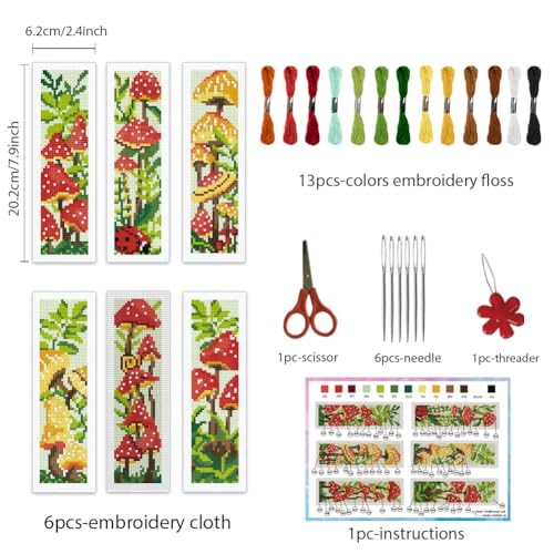 INFUNLY 6pcs Mushroom DIY Cross Stitch Bookmark Kits 2.4''x7.9'' Plants Stamped Embroidery Bookmark Kit with Instruction Red Mushroom Embroidery Bookmark Set including Pre-Printed Plants for Book Lovers - Image 2