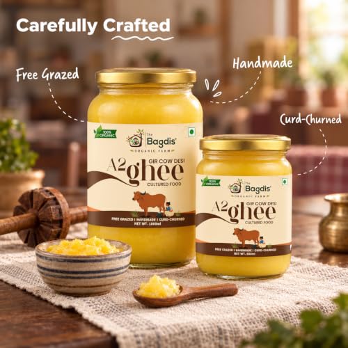 Image of The Bagdis Organic A2 Gir Cow Cultured Ghee | Vedic Bilona Method | Grass-Fed | 100% Organic & Farm Fresh Ghee Glass Bottle (1000ml)