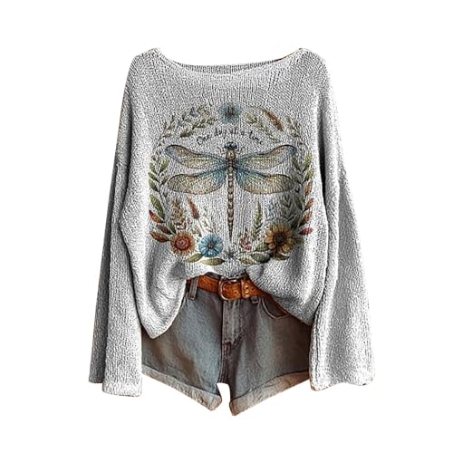 Fall Sweaters for Women 2025 Boho Knit Tops Vintage Graphic Print Shirts Long Sleeve Casual Cute Pullover Sweatshirts