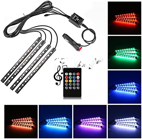 Car LED Strip Light,Uniwit 4 Pieces DC 12V 72 LED Multicolor Car Interior Music Light LED Underdash Lighting Kit with Sound Active Function and Wireless Remote Control Including Car Charger